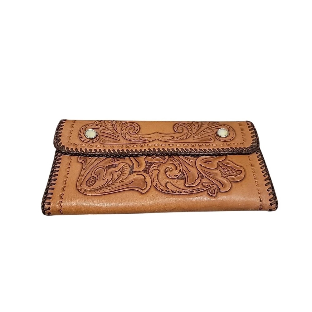 Vintage Hand Tooled Brown Leather Long Billfold Wallet Pocket Pearl Snaps